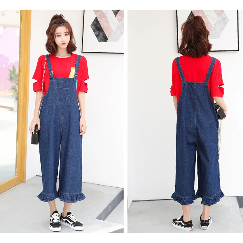 Женские джинсовые комбинезоны с оборками однотонные свободные до середины икры