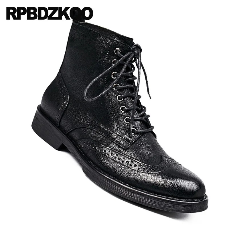 Мужские армейские ботильоны из натуральной кожи черные броги ручной работы на