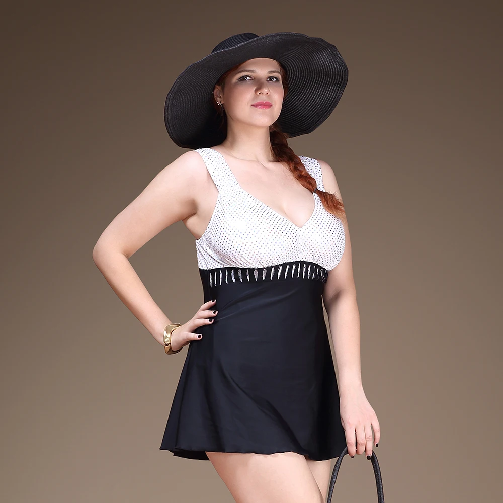 Plus Size One Piece Woman Swimsuit Big Skirt Design Bathing Suit Black and White Decorated Top Swimwear 4XL | Спорт и развлечения