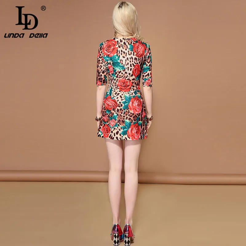 LD LINDA DELLA Fashion Runway Summer Dress Women's Half Sleeve Sequin Floral Leopard Print Sexy Elegant Short vestido | Женская