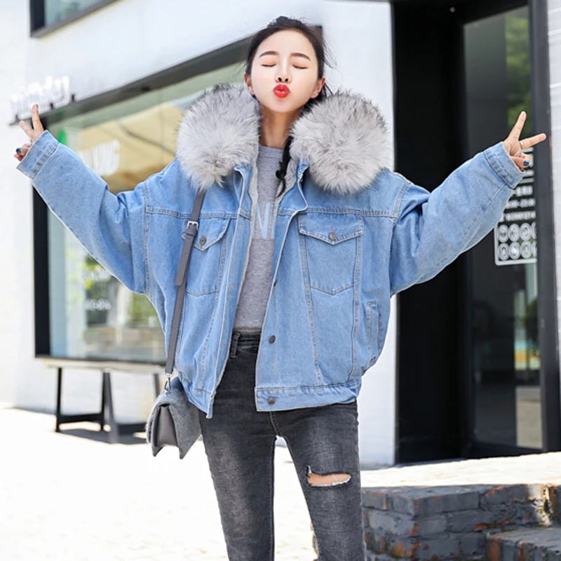Зимняя джинсовая парка пальто для женщин теплый большой меховой воротник