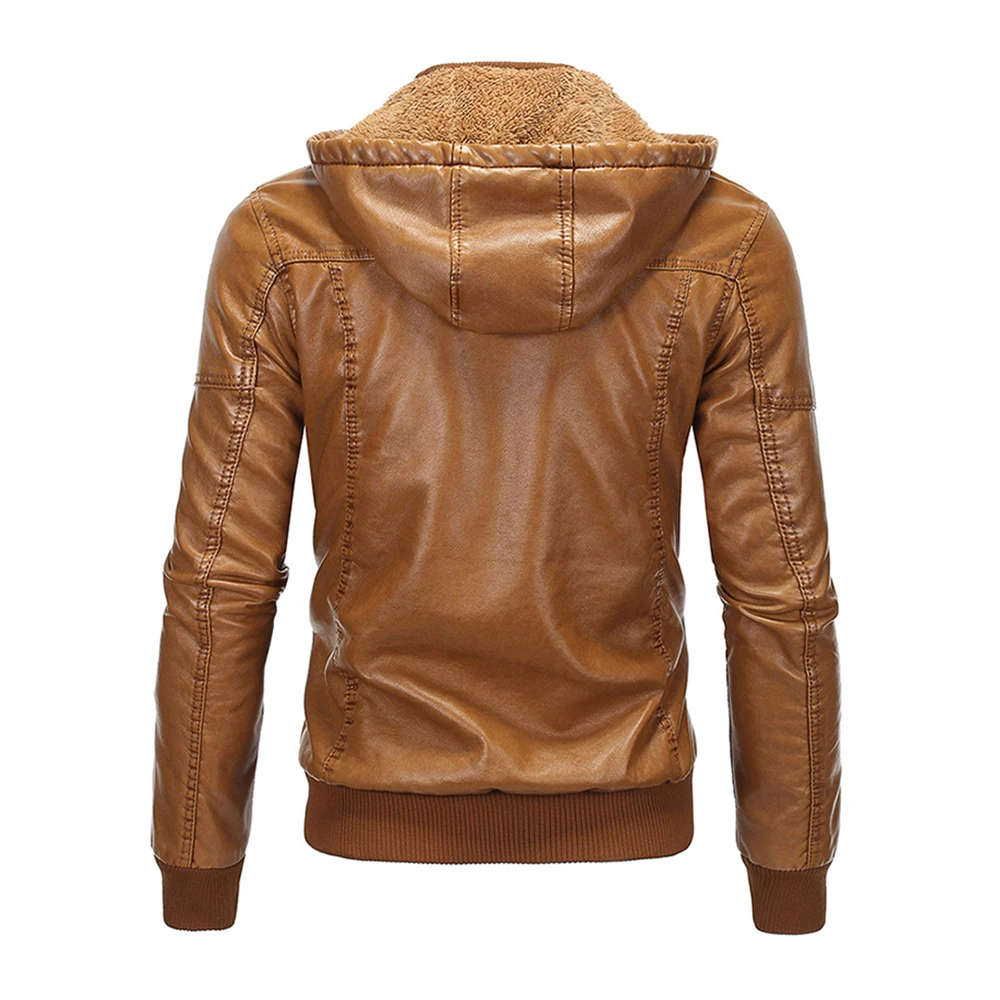 Veste homme Для мужчин; теплое пальто из искусственного меха овчины с капюшоном пилот Кожаные куртки зимние кожаные Курточка бомбер Для мужчин мотоцикл коричневый пальто