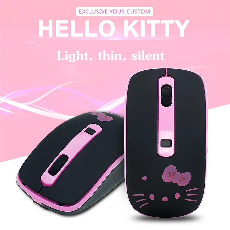 Черный Розовая Бесшумная hello kitty 2,4 ГГц Беспроводная оптическая ультра тонкая Бесшумная компьютерная игровая Nano мышь для ноутбука - Цвет: Черный