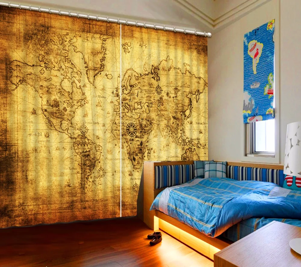 3D занавески в стиле ретро оконные шторы с картой мира для гостиной домашний декор