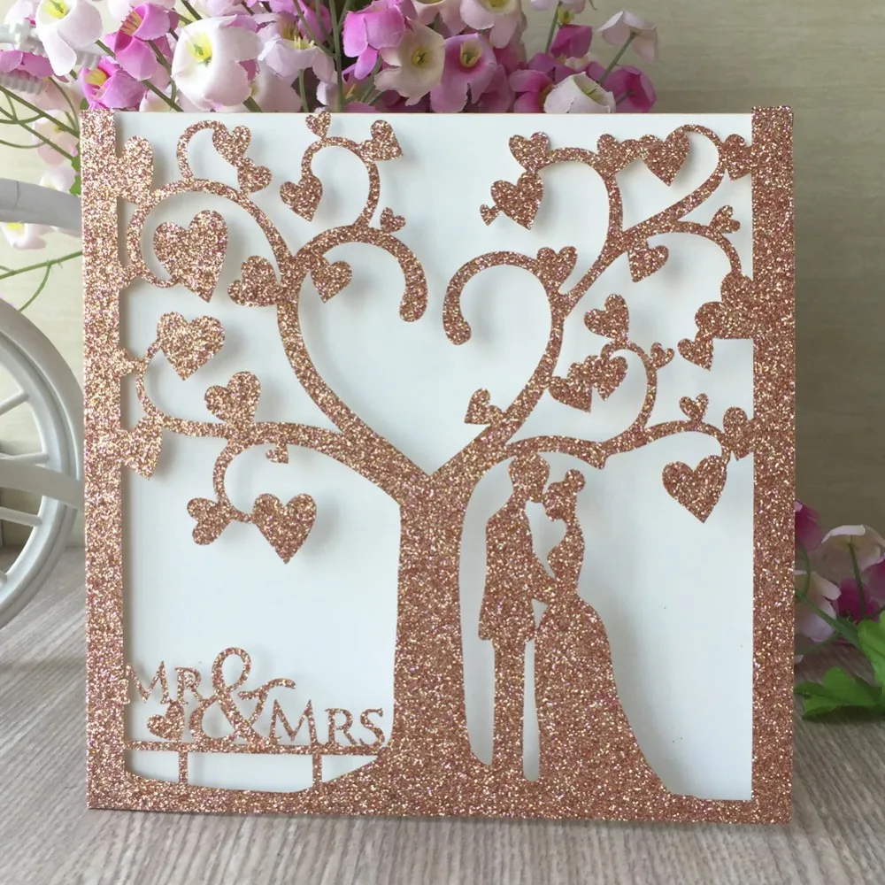 

40pcs Laser Cut Glitter rose Gold Silver Color Party Romantic Chic Tree couple Wedding Invitation Cards card blessing Greet card