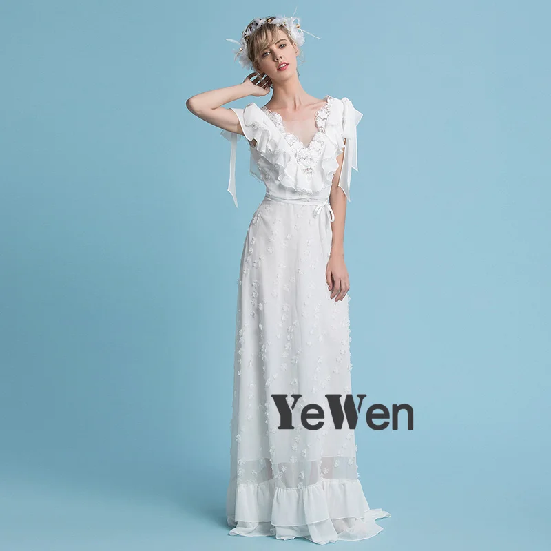 YeWen Роскошные пляжные Кот рюшами V шеи линии шифон цветок лук рукава Свадебное