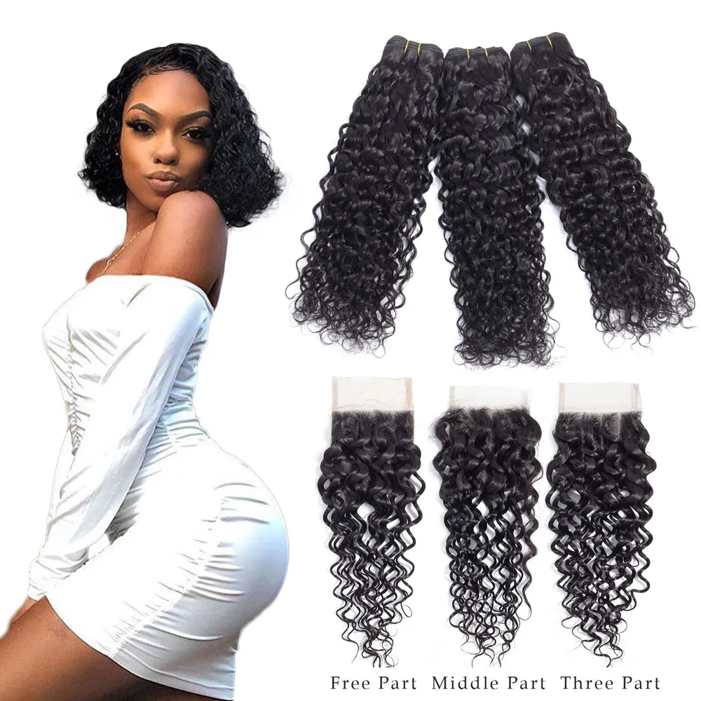 Водные волнистые пучки с закрытием 4 шт./партия перуанские накладные волосы 100%