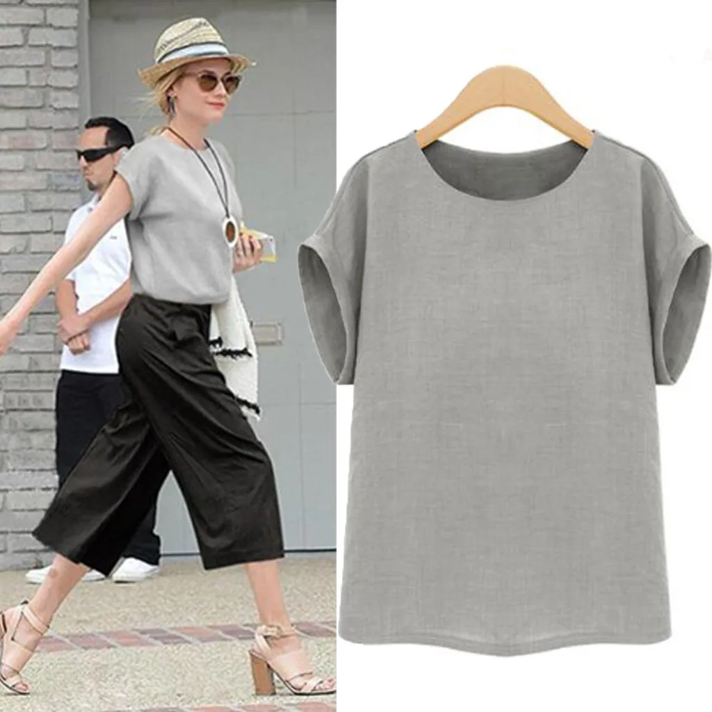 Женская винтажная Однотонная футболка Повседневная Свободная из хлопка и льна