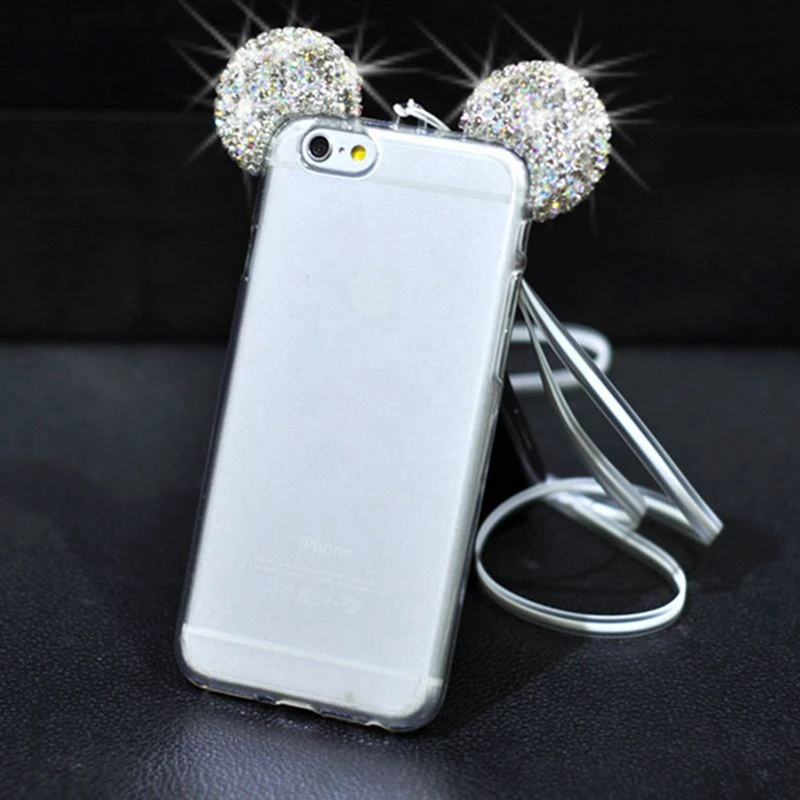 Роскошный чехол для телефона с 3D блестящими кристаллами и ушками iPhone 5 5S 6S Plus XS S8 S7