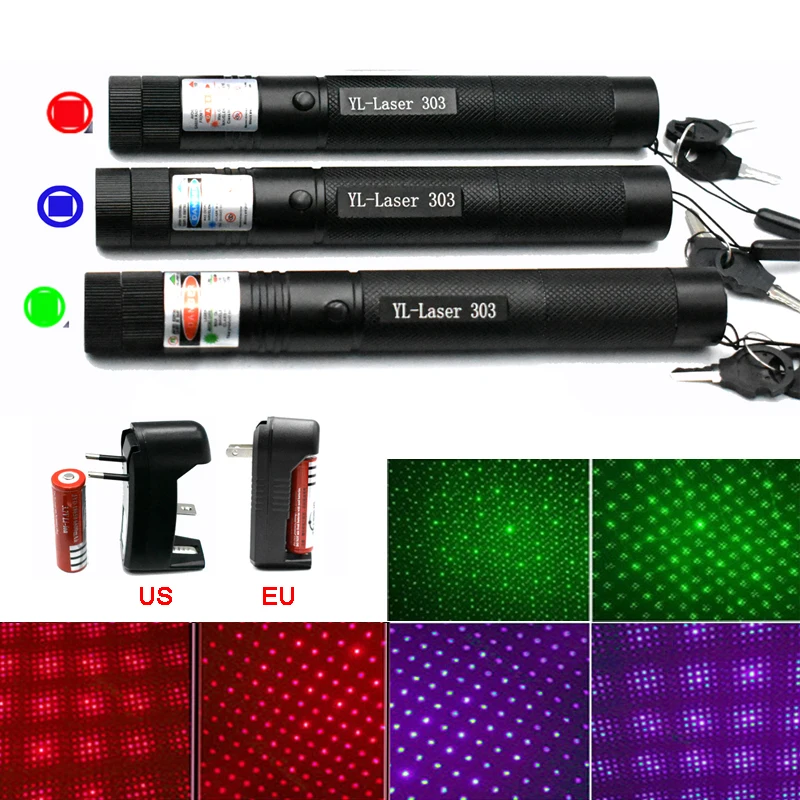 303 Green Laser Pointer Red Laser Blue Pointer Sight Powerful Device Adjustable Focus Lazer 303, Choose Charger& 18650 Battery