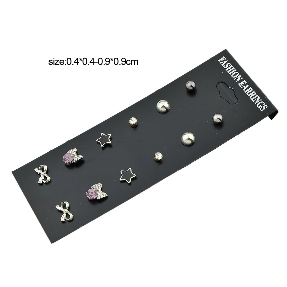 Kayshine 6 Pairs/Set Boho Chic Style Earrings Set Jewelry Silver Color With Rhinestone Star Bowknot Shape Stud | Украшения и