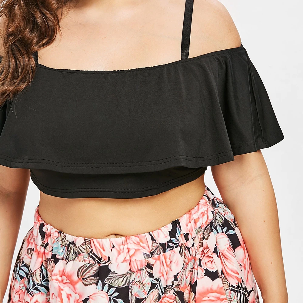 Пикантные 2 шт. плюс Размеры Cami Crop Top и Цветочный принт юбка Для женщин короткие