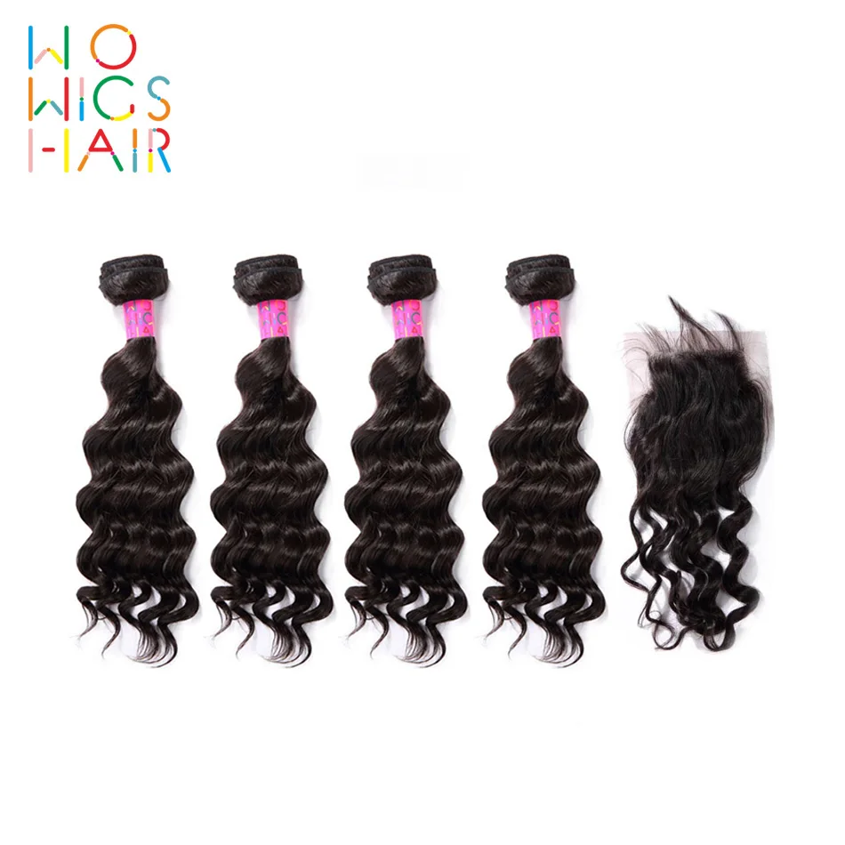 

WoWigs Hair Brazilian Hair Remy Hair Deep Wave 4 / 3 Bundles Deal With Top Lace Closure Natural Color 1B