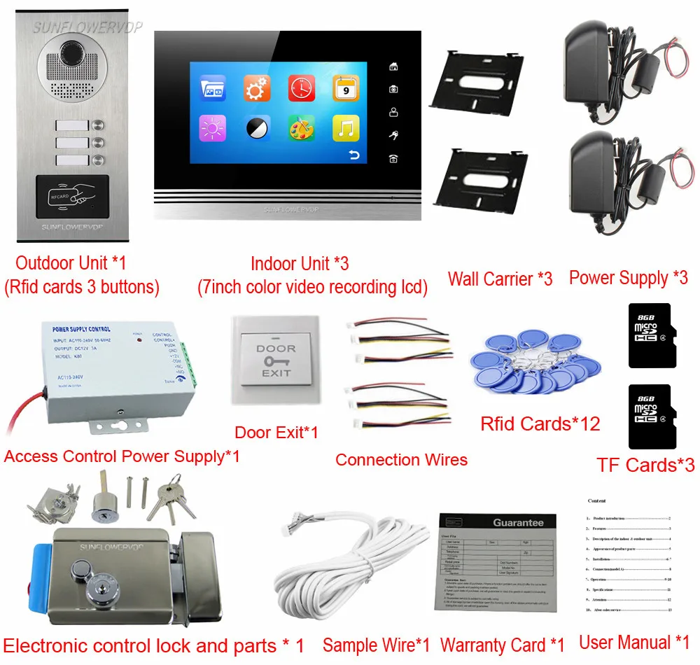 Rfid Keyfob Home Video Door Phone Video Call 8GB TF Video Recording 3 Indoor Monitors Video Eyes For The Door With Door Lock Kit
