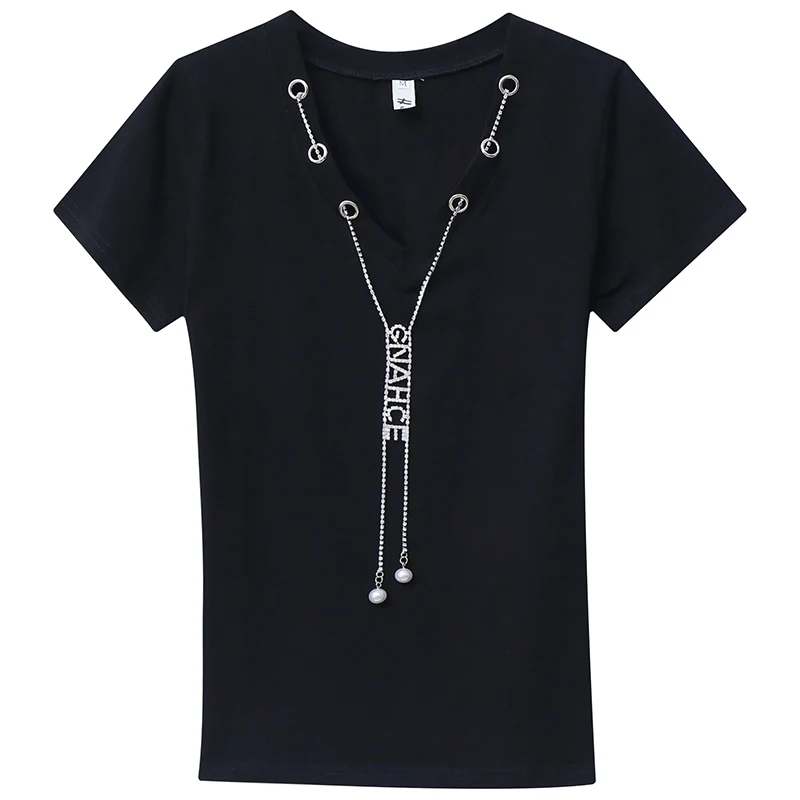 2019 Women summer solid color v-neck fashion chain short-sleeved t-shirt Slim sexy versa Casual Short Tee Top Vest | Женская одежда