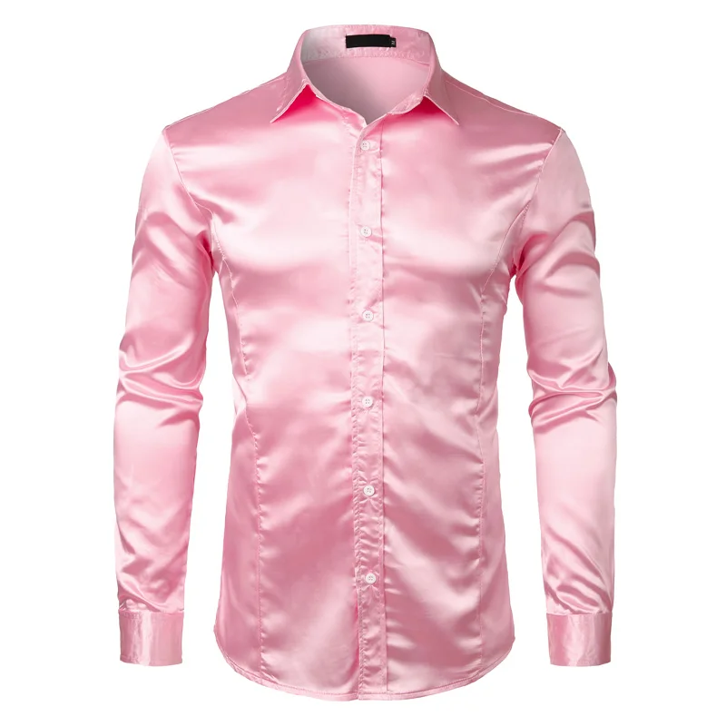 Pink Мужские Роскошные Рубашки из блестящего шелка, как сатин, новинка, Брендовые мужские смокинги на свадьбу, выпускной, мужские повседневные рубашки, Camisa Masculina, черные - Цвет: Pink