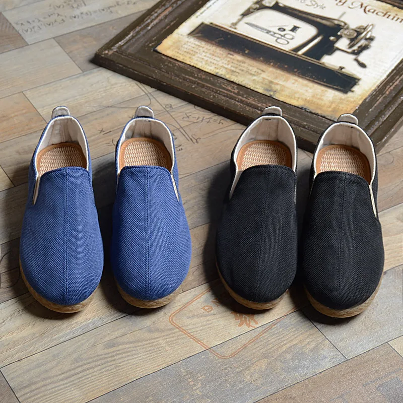 

OUDINIAO Men Shoes Hemp Upper Vintage Hemp Canvas Slip On Men Casual Shoes Breathable Male Footwear Soft Loafers Blue Beige
