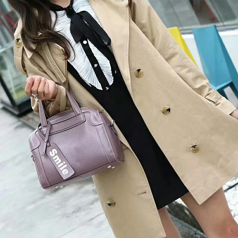 Pinkish purple Настоящая коровья кожа улыбка кисточкой бостонские сумки маленькая сумка через плечо для женщин Женская кожа - Цвет: Pinkish purple