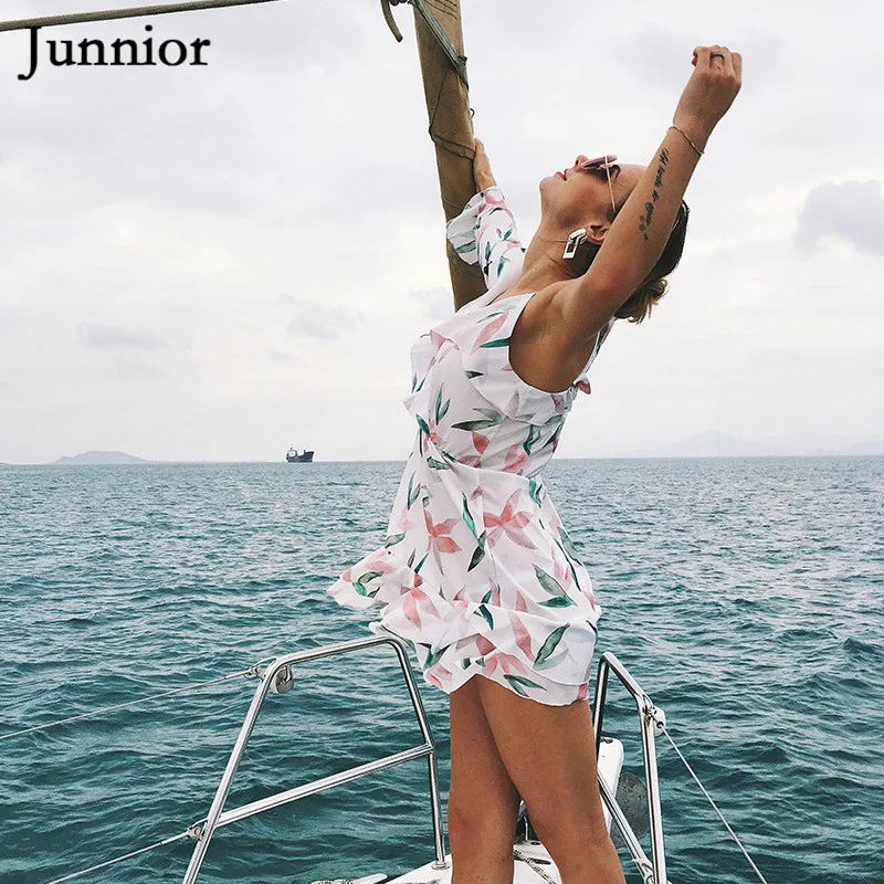 Junnior Asymmetrical Sleeve Chiffon Dress for Women Mini Floral Beach Wear V-neck High Waist Holiday Boho Dresses Modis Mujer | Женская