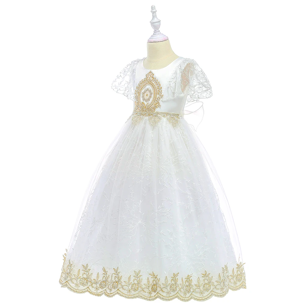 Retail Gold Elegant Lace Short Sleeves Princess Wedding Party Long Dress Appliques Girls Evening Gown LP-208 | Детская одежда и