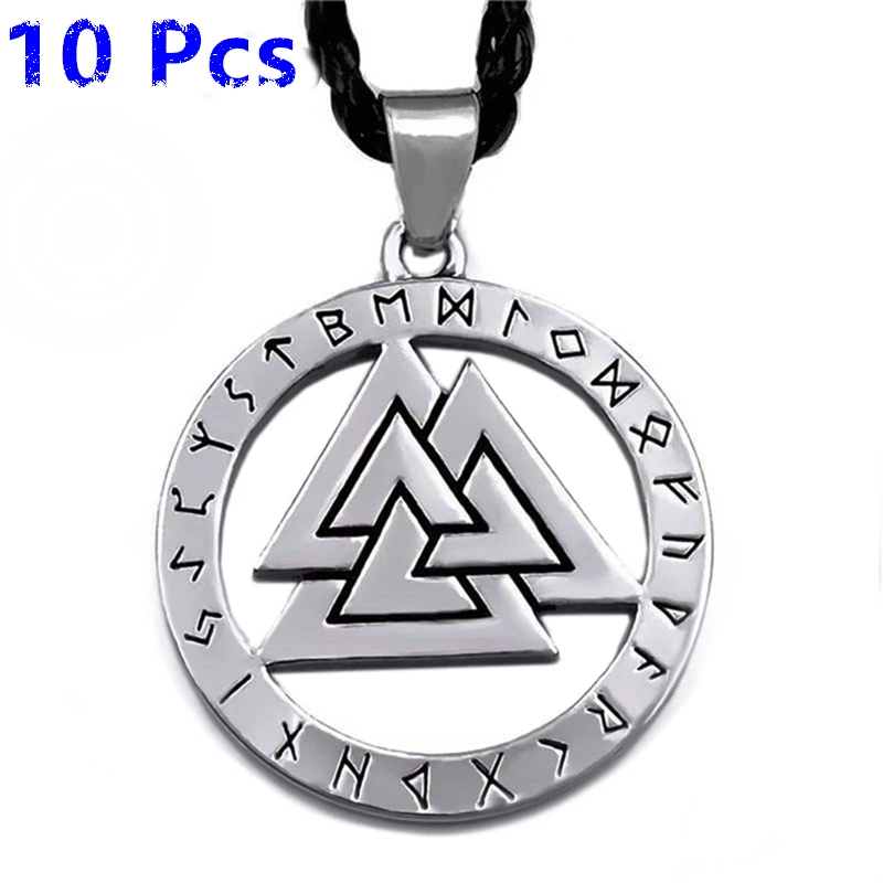 

Wholesale 10 Pcs Valknut Odin 's Symbol of Norse Viking Warriors Amulet Mens Silver Pewter Pendant with Black Necklace WLP326