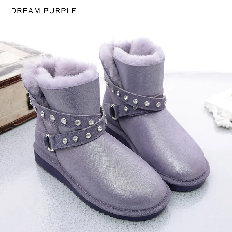 Dream Purple INOE Водонепроницаемые Короткие Зимние ботильоны из овечьей кожи с меховой подкладкой женские зимние ботинки серебристый ремешок с кристаллами теплые модные удобные зимние полусапоги нескользащая плоская подошва - Цвет: Dream Purple
