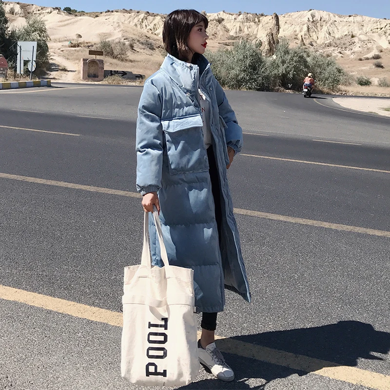 blue Зимняя куртка-пуховик со стоячим воротником, бархатное пальто с карманами, Женская парка длинного размера плюс, Толстая теплая верхняя одежда, зимняя одежда Okq023 - Цвет: blue