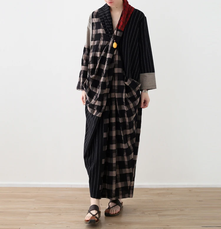 Женское льняное платье с v-образным вырезом и длинным рукавом весеннее длинное