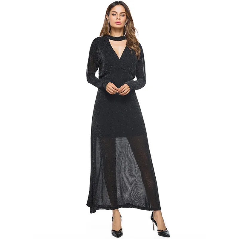 Женское вечернее платье с глубоким V-образным вырезом однотонное длинное рукавом