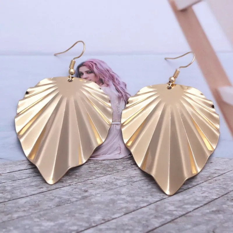 Женские серьги с подвеской в виде большого листа геометрические металлические