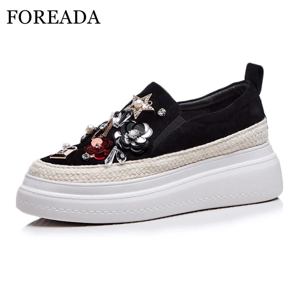 

FOREADA Women Flats Spring Shoes Kid Suede Flat Platform Shoes Rhinestone Round Toe Luxury Shoes Female Creepers Black Size 4 39
