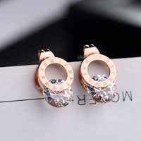 yun ruo simple fashion roman number zircon stud earring rose gold color woman birthday gift titanium steel jewelry never fade