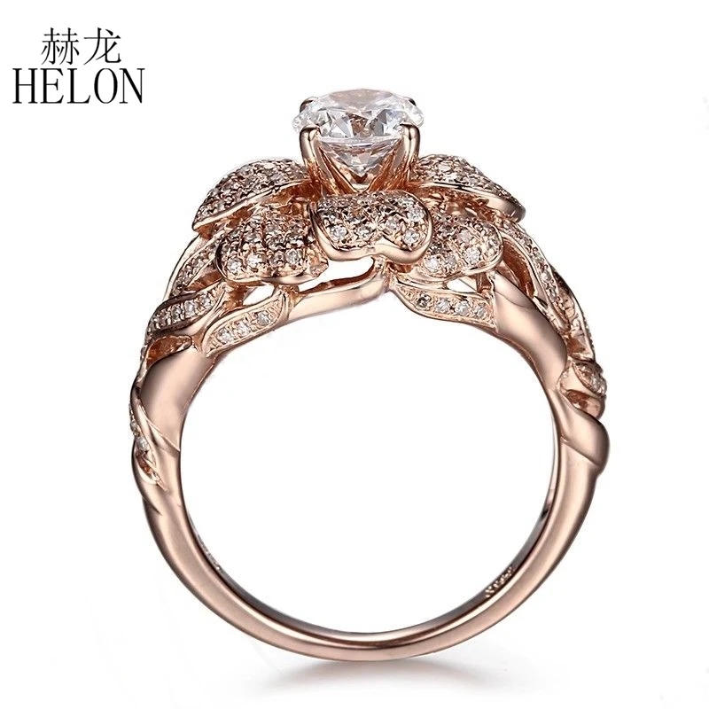 HELON Solid 14 K(AU585) цветок из розового золота Форма Круглый 5,5 мм натуральный белый топаз женское кольцо для помолвки бриллианты кольцо ювелирные изделия