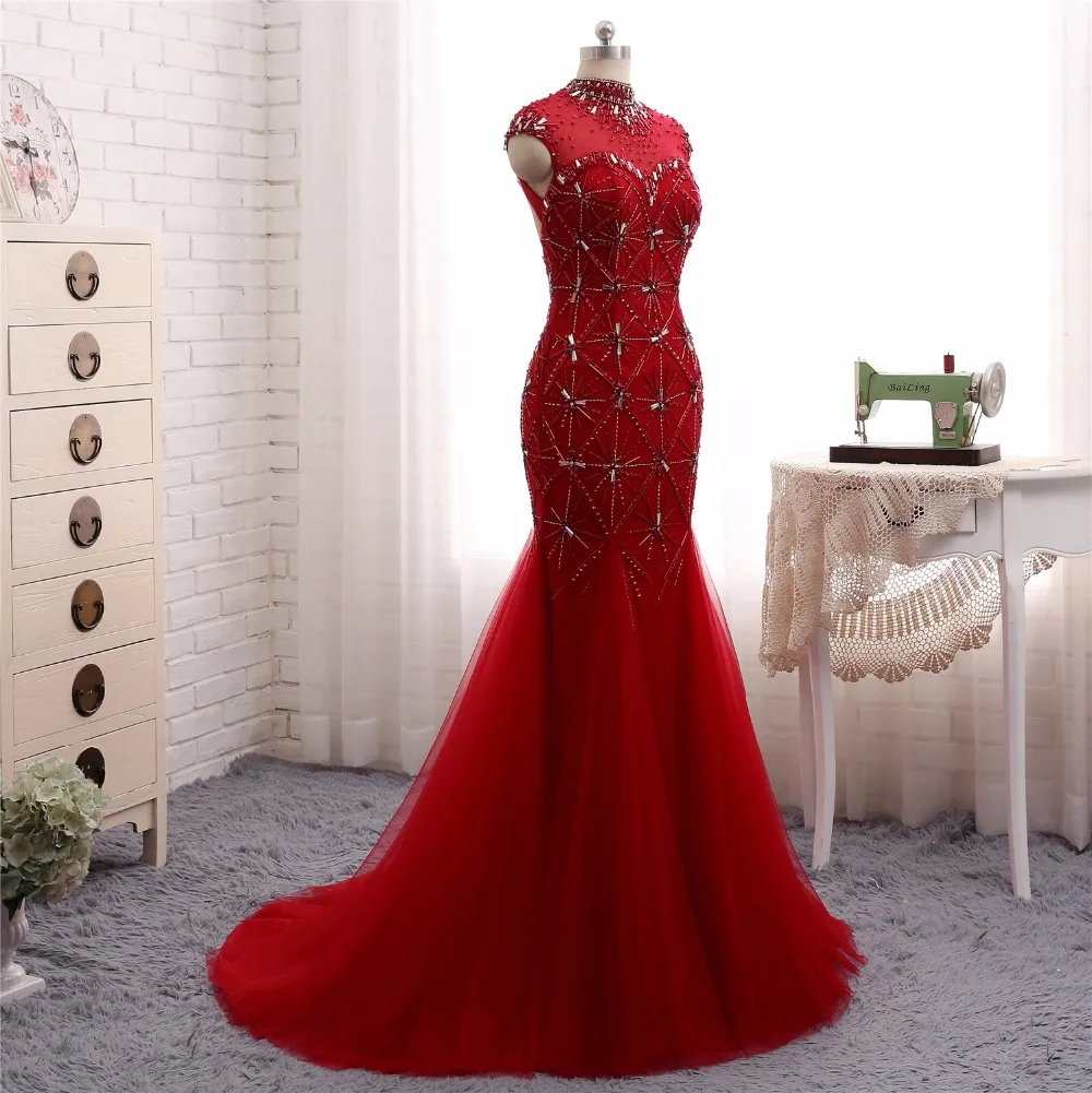 

Abendkleider Red Mermaid Evening Dresses Long High Neck Short Cap Sleeve Beaded Prom Gown with Key Hole Back Vestido de Festa