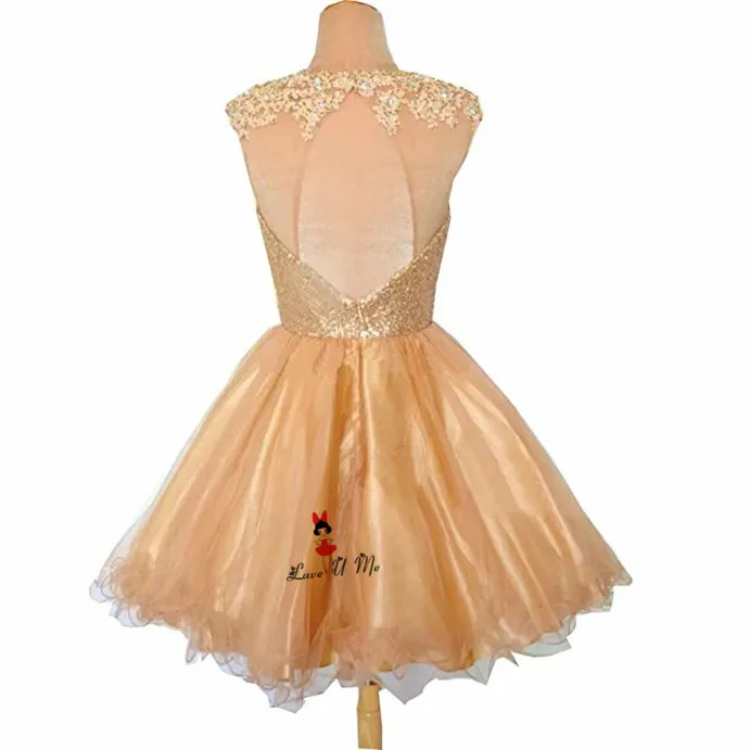 Modest New Year Champagne Gold Prom Dresses Short 2018 Sequined Lace Homecoming Party Dress Above Knee Open Back Gala Jurken | Свадьбы и