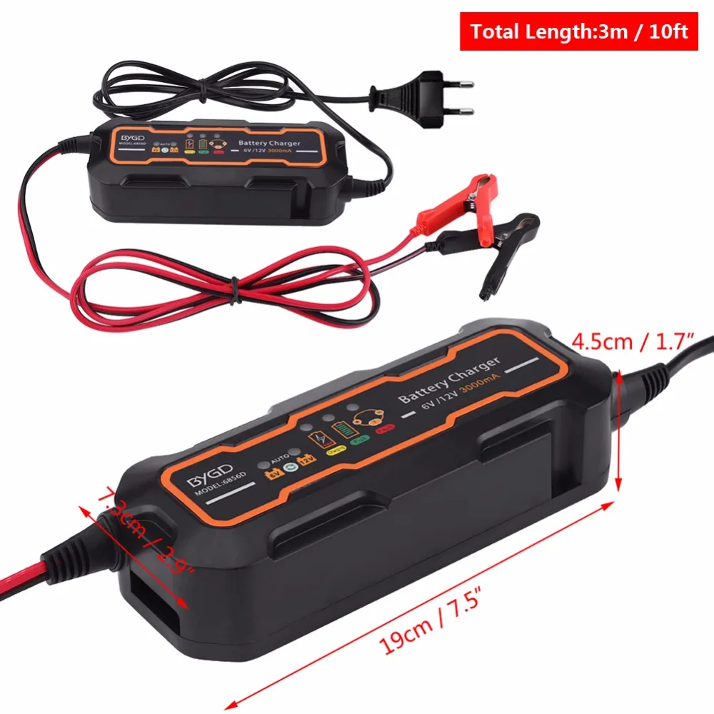6V/12V 3A Automatic Smart Battery Charger for Car Vehicle Truck Motorcycle Boat AGM GEL |