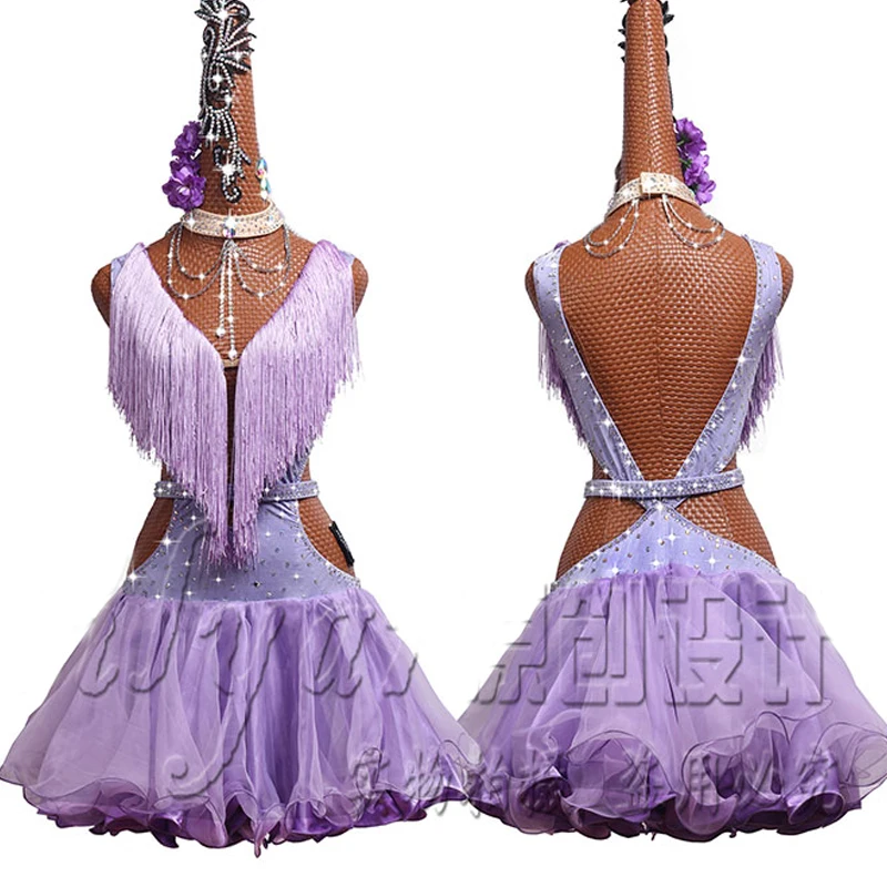 

Latin Dresses For Women/Girls Purple Fringe Salsa Dress Vestido FlecosParty Host Singer Clothes Latin Competition Dress BL1886