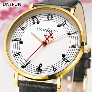 Часы UNIFUN женские кварцевые в простом стиле, креативные модные повседневные наручные часы с кожаным ремешком, с музыкальными нотами