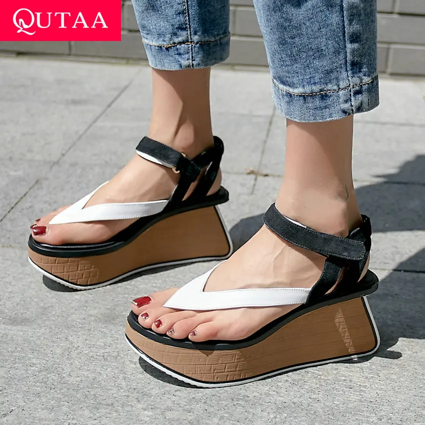 QUTAA/ г.; женские босоножки; Разноцветные платформы; модные праздничные босоножки из натуральной кожи; волшебные наклейки; женская обувь; размеры 34-39