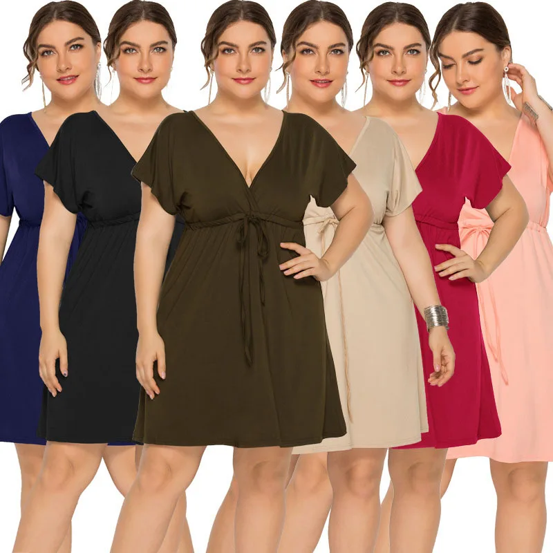 

SEBOWEL Sexy Plus Size Woman's Solid Short Sleeve Deep V-neck Dresses 2020 New Summer Female Large Size Clothes Lace Up Dress