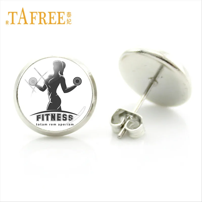 Серьги гвоздики TAFREE в форме гантели 12 мм стеклянный кабошон фитнес спорт клуб