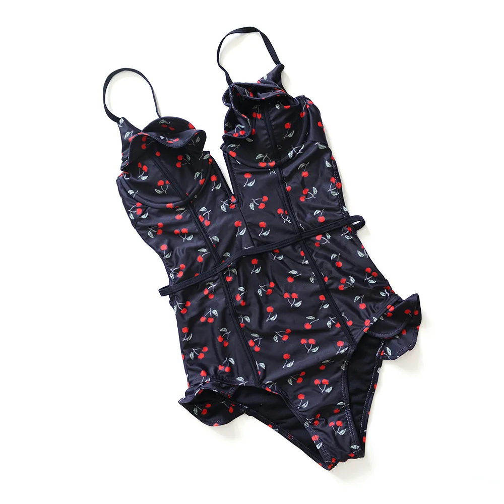 Black Floral Сексуальный винтажный белый/черный Вишневый цветочный глубокий треугольный вырез с рюшами Монокини женский купальник с открытой спиной Женский цельный купальник - Цвет: Black Floral