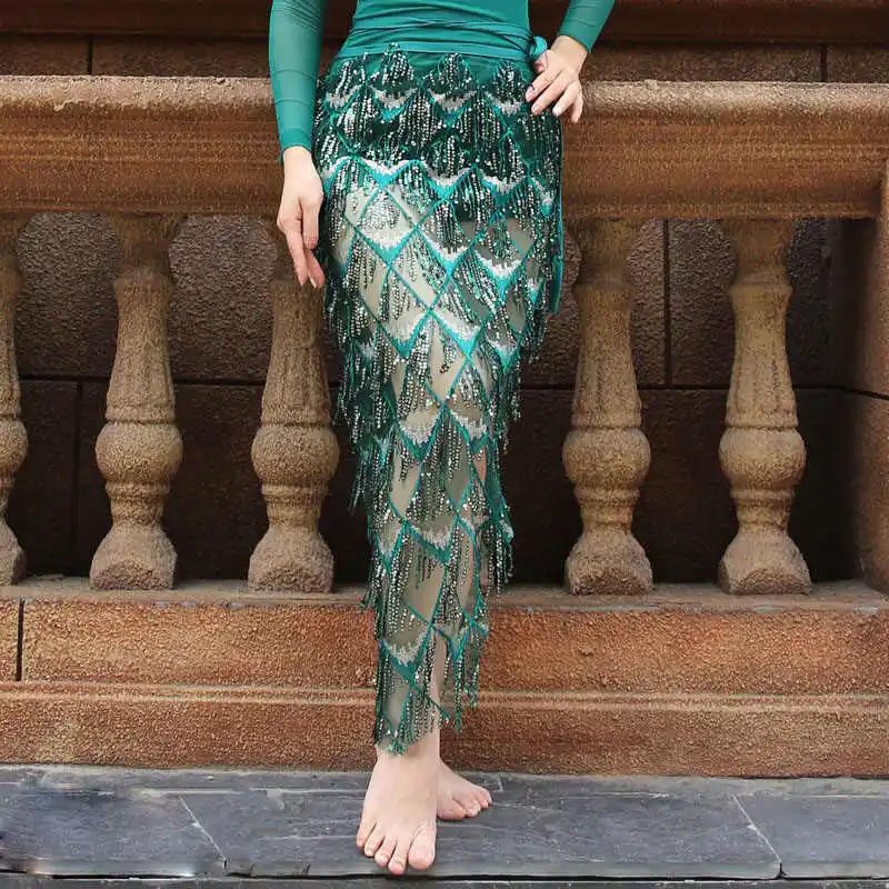 Deep Green Long Кисточкой Танец живота хип шарф для женщин танец живота юбки для женщин костюм для восточных танцев хип шарф танец живота - Цвет: Deep Green Long