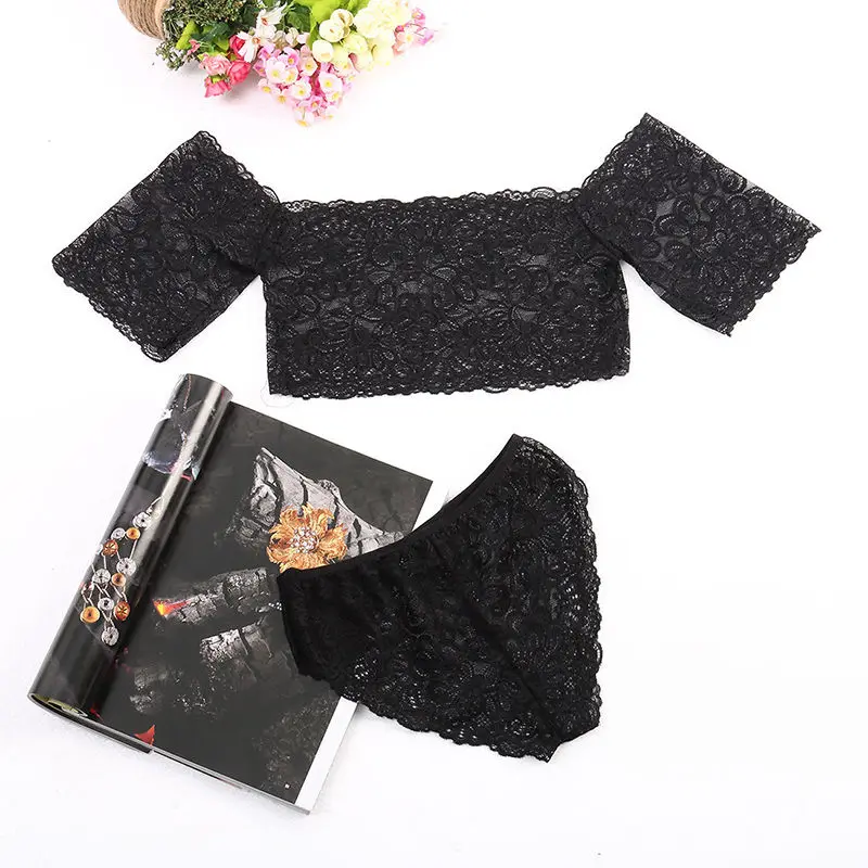 Women Black Sexy Lingerie Lace Off-shoulder Long Sleeve Short Tight Top+Pants Underwear Nightwear | Тематическая одежда и