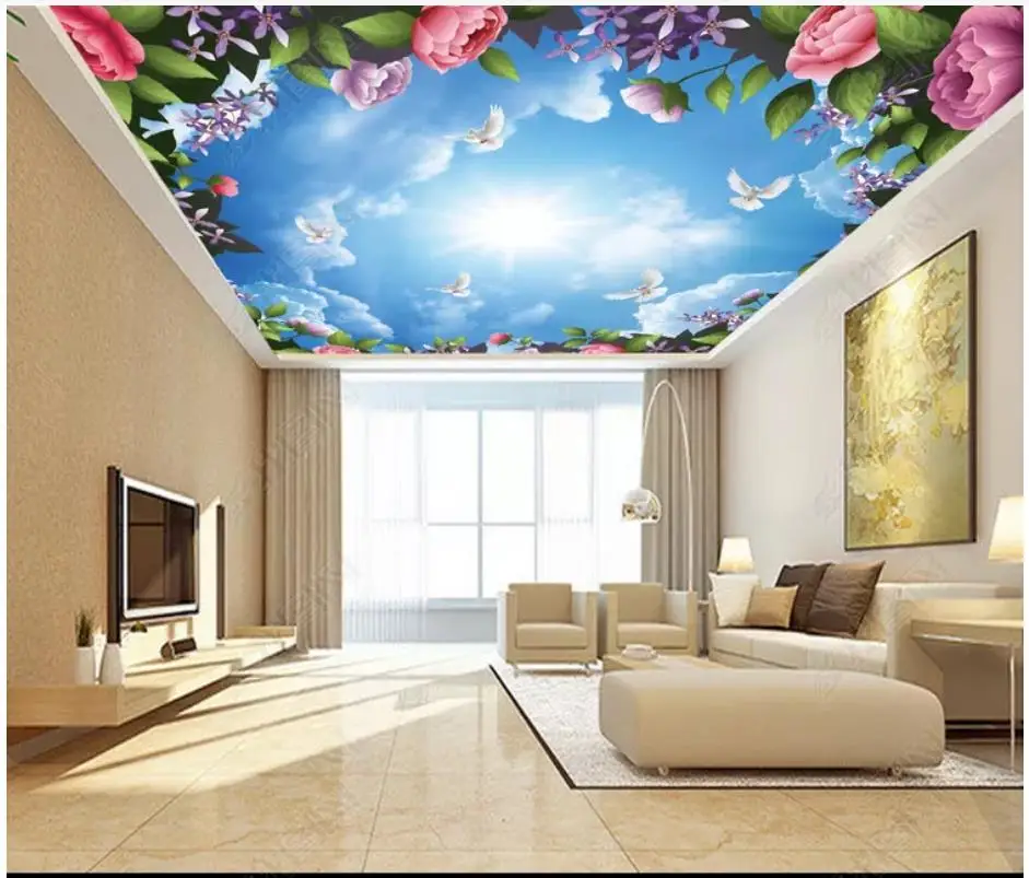 

Custom photo wallpaper 3d ceiling wallpaper Beautiful flower white dove blue sky white clouds ceiling zenith mural wall papers