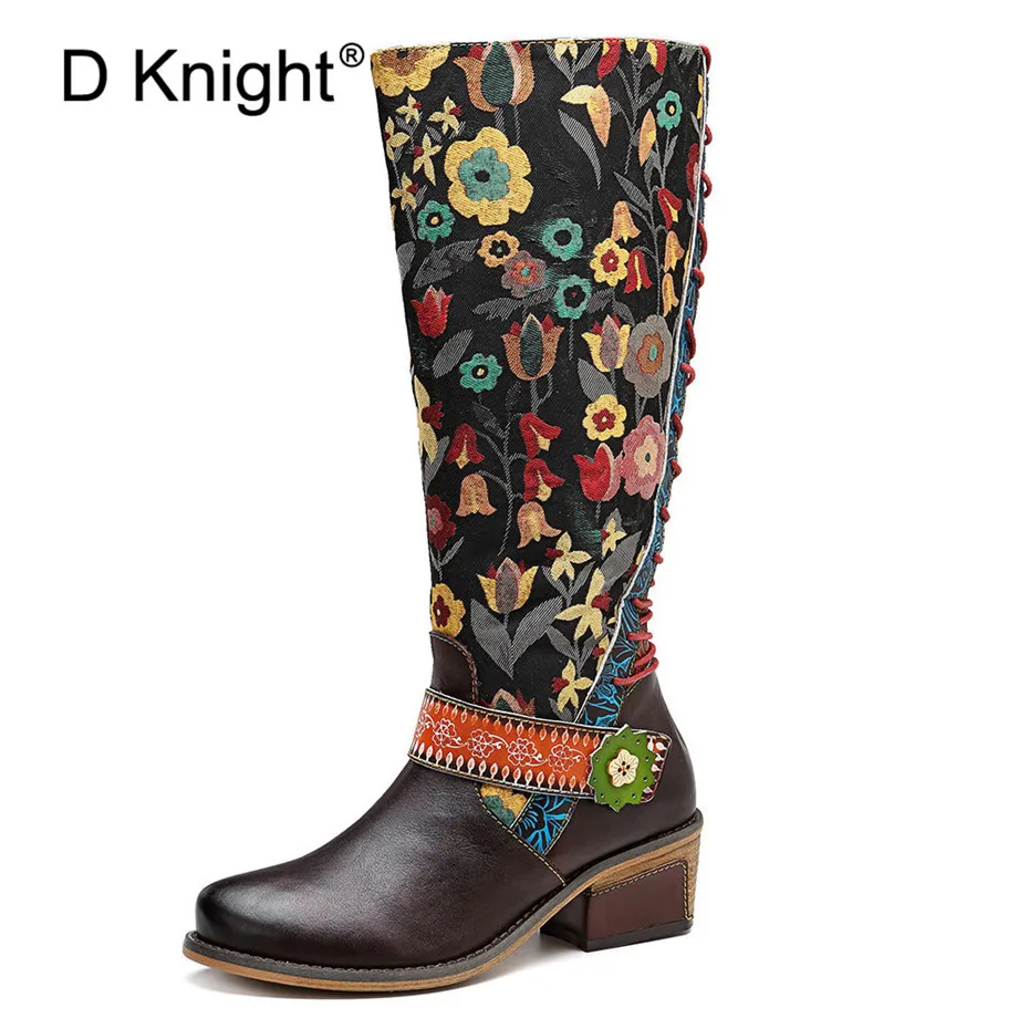 

Fashion Retro Knee High Boots Women Genuine Leather Printed Flower Winter Autumn Boot Women Shoes Woman Zipper Block Heels Botas
