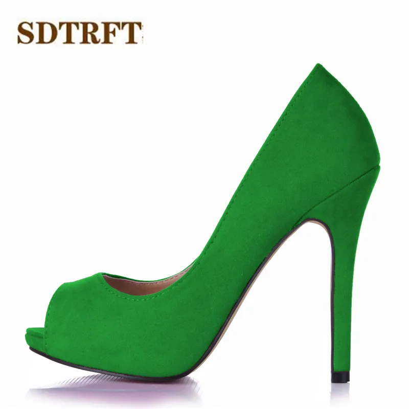 

SDTRFT Stilettos zapatos Peep Toe 11cm Thin heels ladies Shallow Mouth Flock shoes woman Party pumps sapato feminino US10 11 12