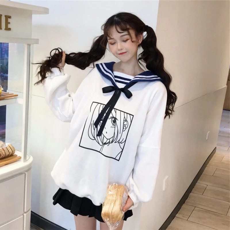 Японская женская одежда kawaii мультфильм Милая Толстовка свободный матросский