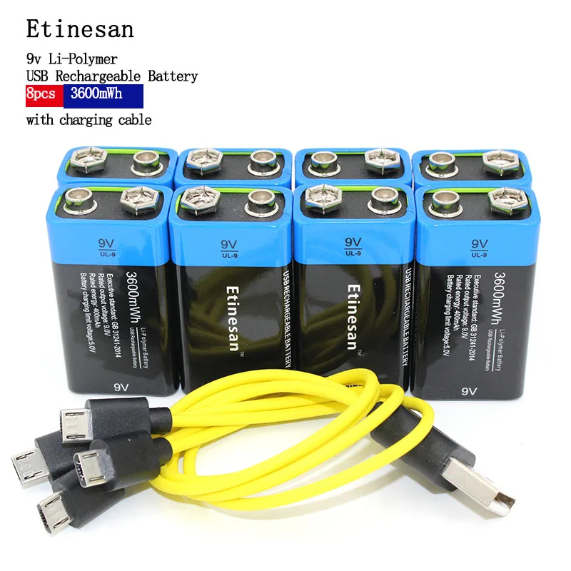 Литий ионный аккумулятор Etinesan 9 В 3600mWh 8 шт. для микрофона gps камеры и т. Д. + USB кабель