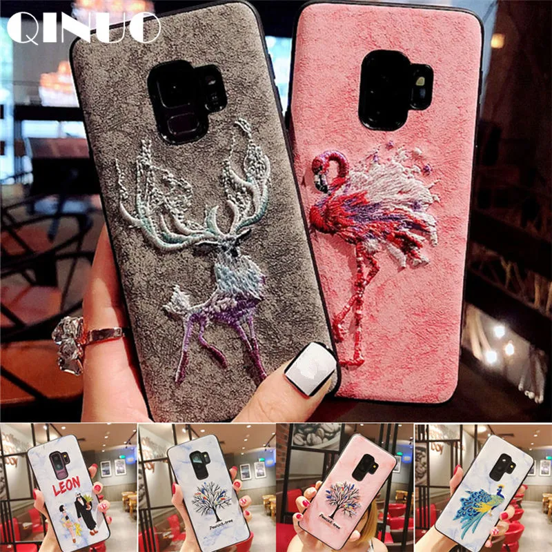 QINUO арт 3D вышивка чехол для Samsung S10 Plus S10E S8 S9 кожаный с Фламинго Лось Роза Note8 Note9